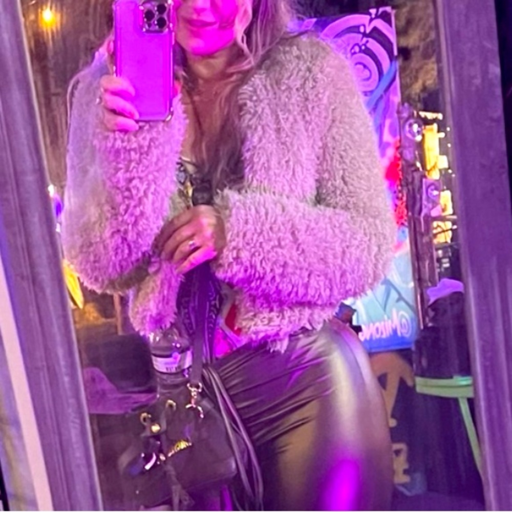 SHEIN cropped faux fur light green jacket